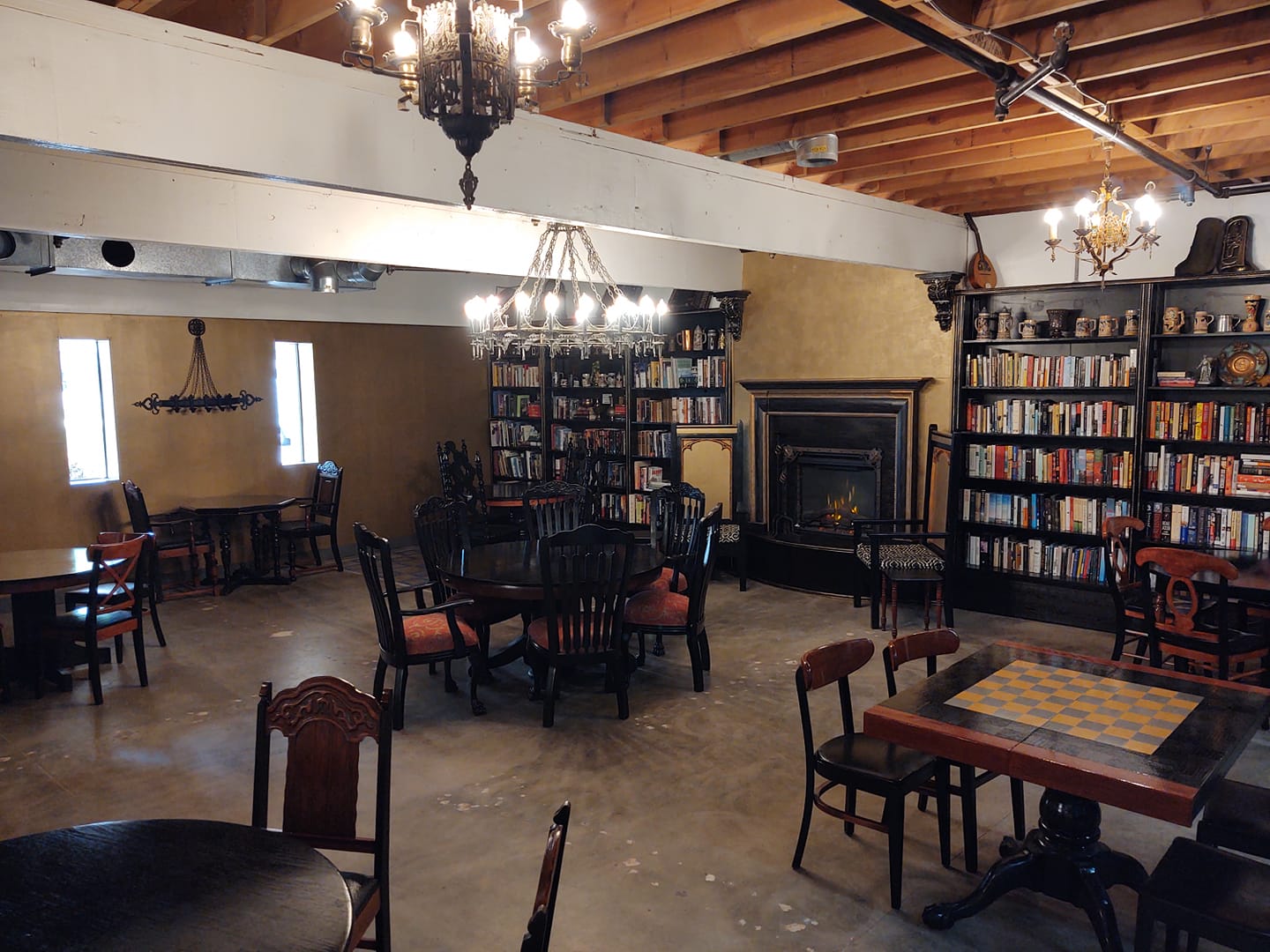 View of library and fireplace