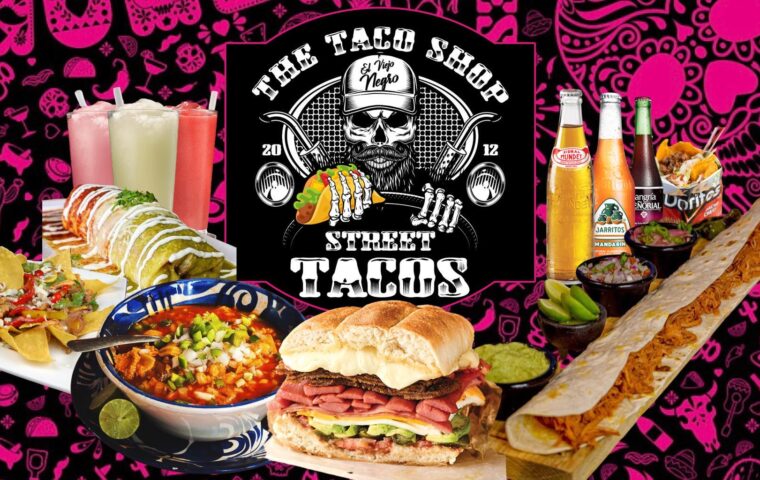 The taco shop logo and samples of food