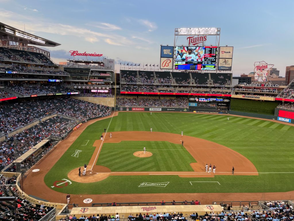 Twins vs the Tigers during an evening game at Target Field