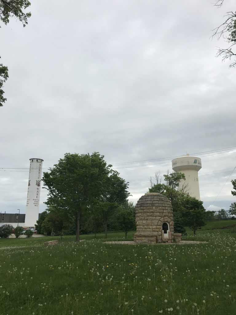 view of the beehive fireplace with SLP water tower and Nordic Ware tower