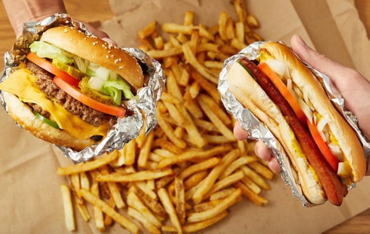 cheeseburger, hot dog and French fries from Five Guys