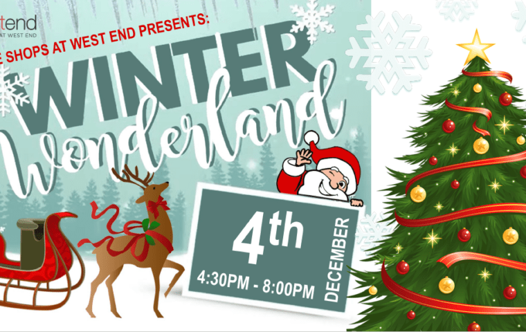 santa, sleigh and Christmas tree promoting a Winter Wonderland