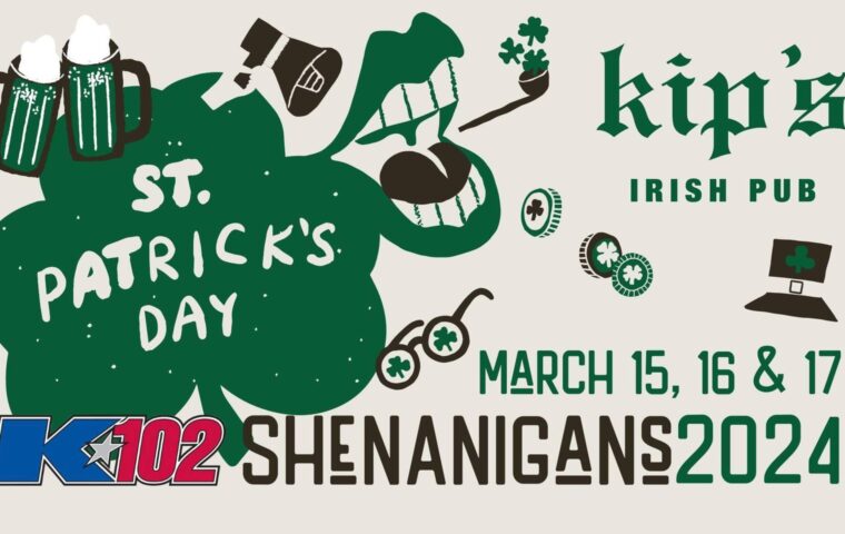 Graphic with a shamrock promoting the St. Patrick's shenanigans at Kip's Irish Pub