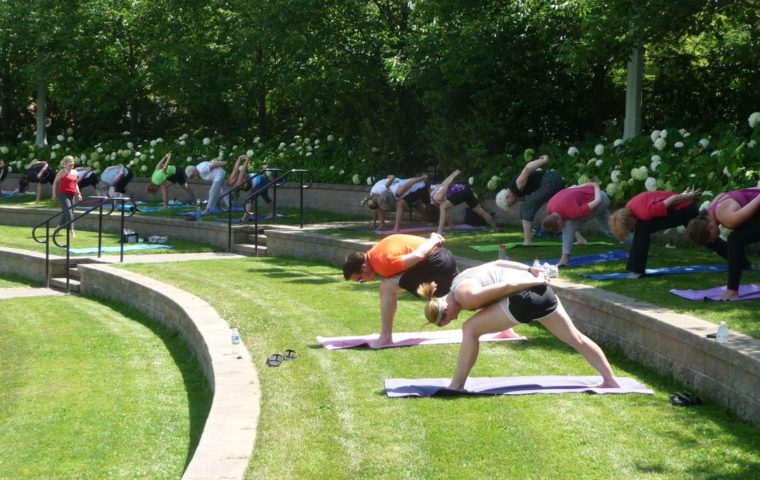 people doing yoga at Veterans' Memorial Amphitheater
