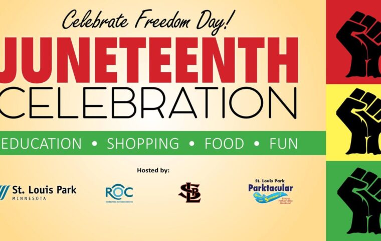Graphic with 3 raised fists promoting the annual Juneteenth celebration