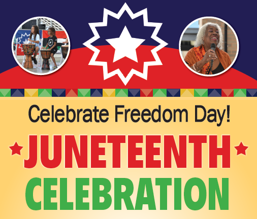 Graphic showing kids drumming and a woman singing to celebrate Juneteenth