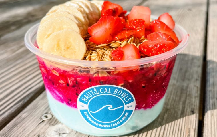 A healthy bowl with bananas and strawberries from Nautical Bowls
