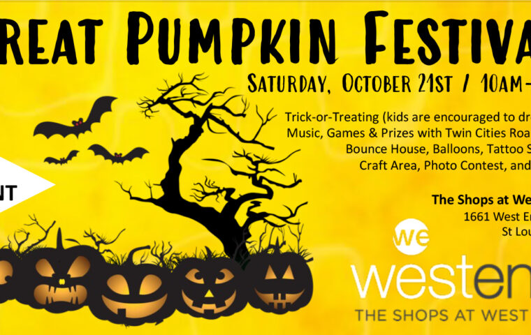 A graphic with scary pumpkins promoting the Great Pumpkin Festival at The Shops at West End.