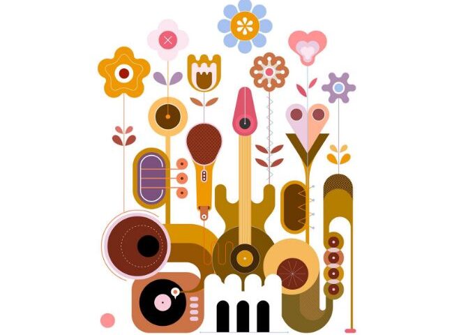 musical instruments and flowers graphic to represent live music on the patio