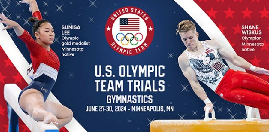 Graphic featuring Sunisa Lee and Shane Wiskus to promote the 2024 U.S. Gymnastics Olympic Trials
