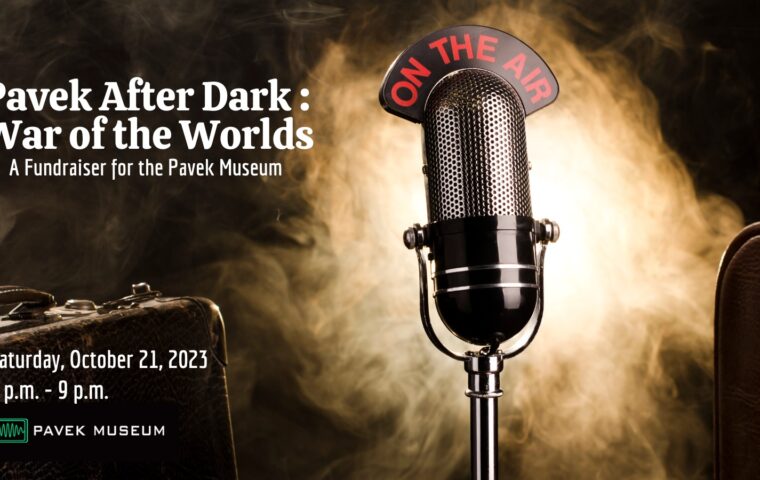 A photo of an old-fashioned radio microphone promoting the Pavek Museum's live reading of War of the Worlds
