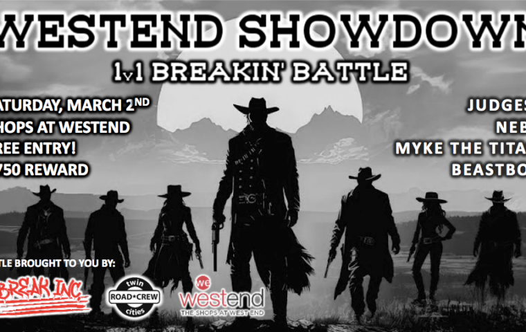 Wild West graphic of gunslingers promoting a breaking battle at the Shops at West End called the Westend Showdown