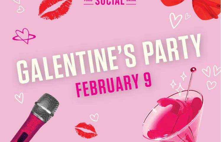 Pink and red graphic showing a cocktail, lips, and hearts to promote a Galentine's Party at Punch Bowl Social