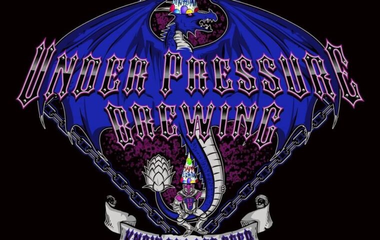 Logo for Under Pressure Brewing with a birthday hat on it