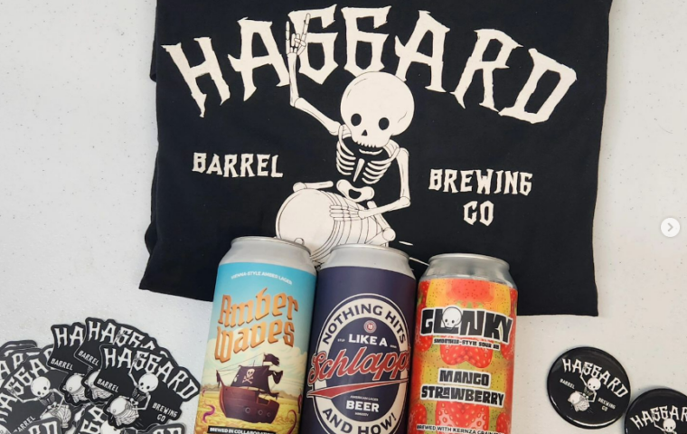 Skeleton logo for Haggard Brewing along with pictures of their three current canned products